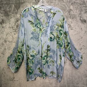 susan graver 1x tunic top blue green floral semi sheer long sleeve vneck